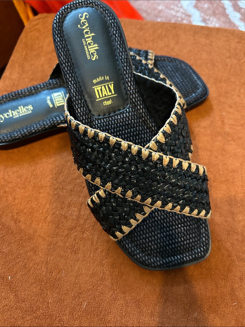 Seychelles Black Woven Slide Mules with Tan Trim
